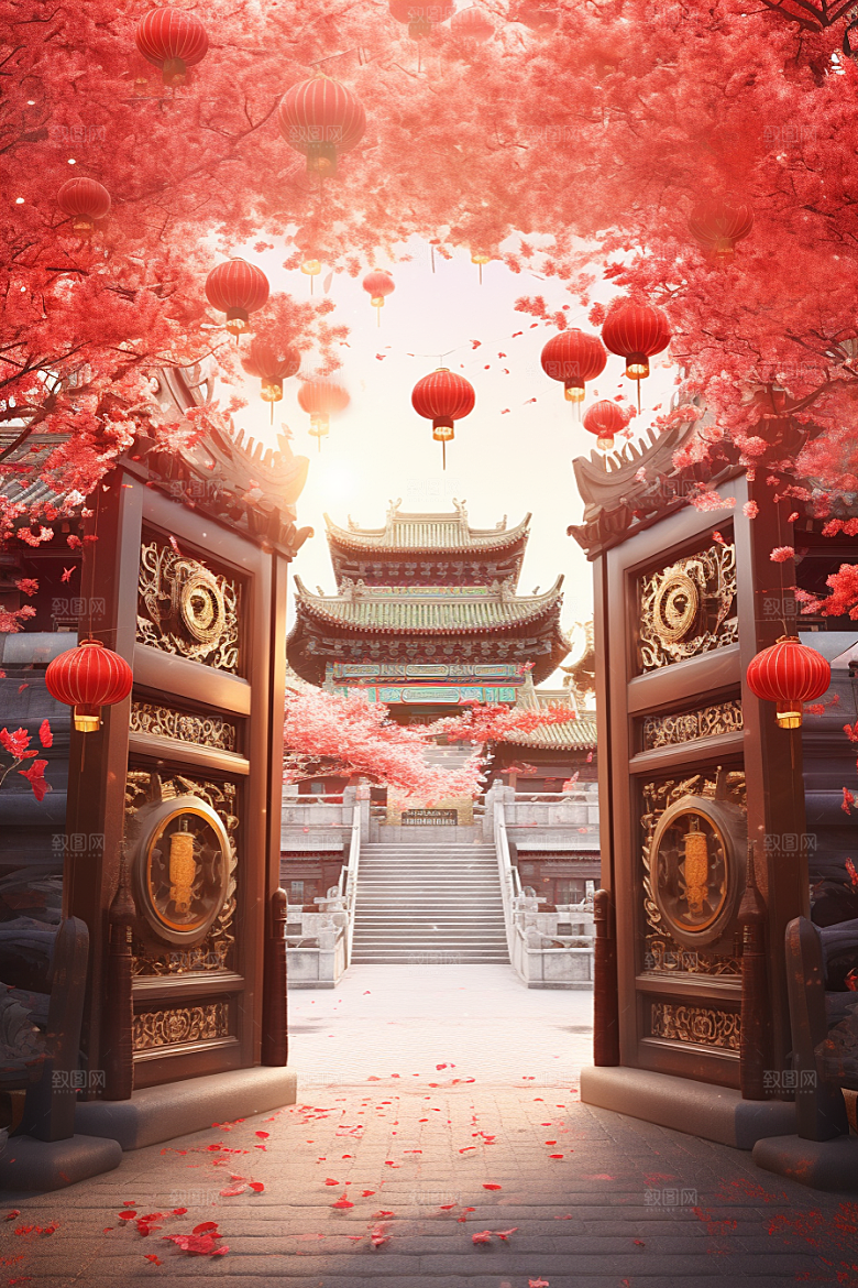 中式传统门楼火热中国风背景图