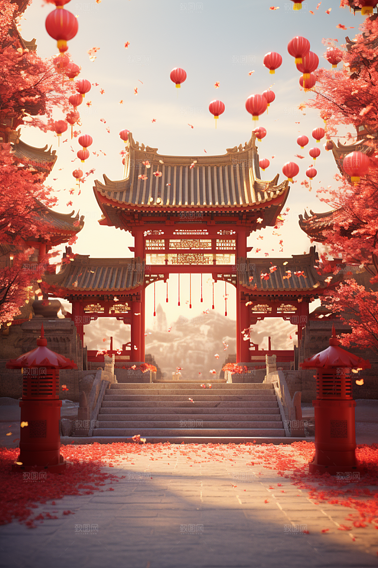 中式传统门楼直播开业大吉背景图