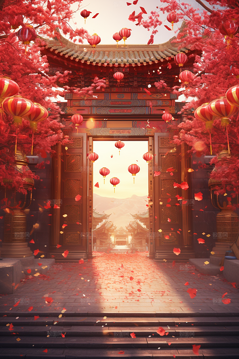 中式传统门楼开门红火热背景图