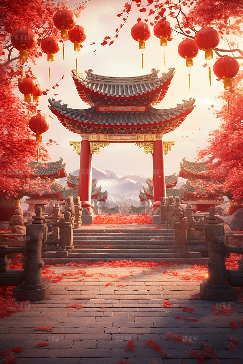 中式传统门楼火热国潮背景图