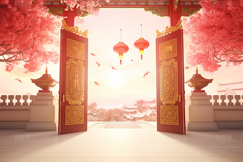 中式传统门楼火热开业背景图