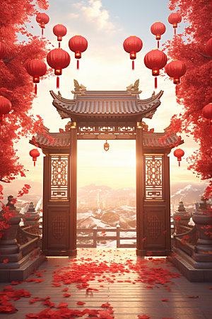 中式传统门楼开门红直播背景图