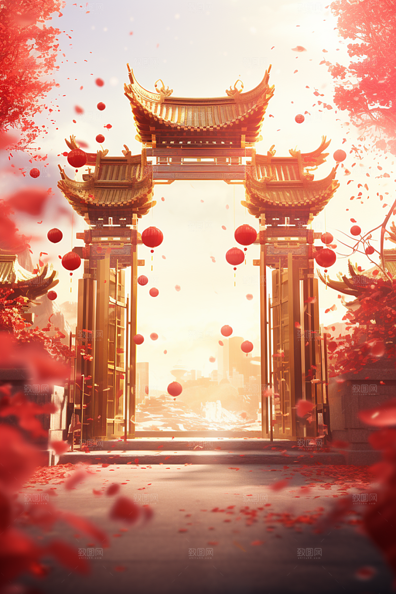中式传统门楼促销开门红背景图