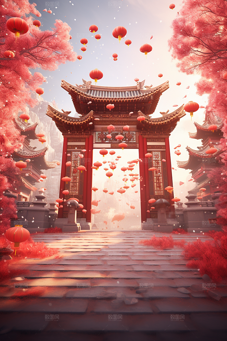 中式传统门楼热卖开业大吉背景图