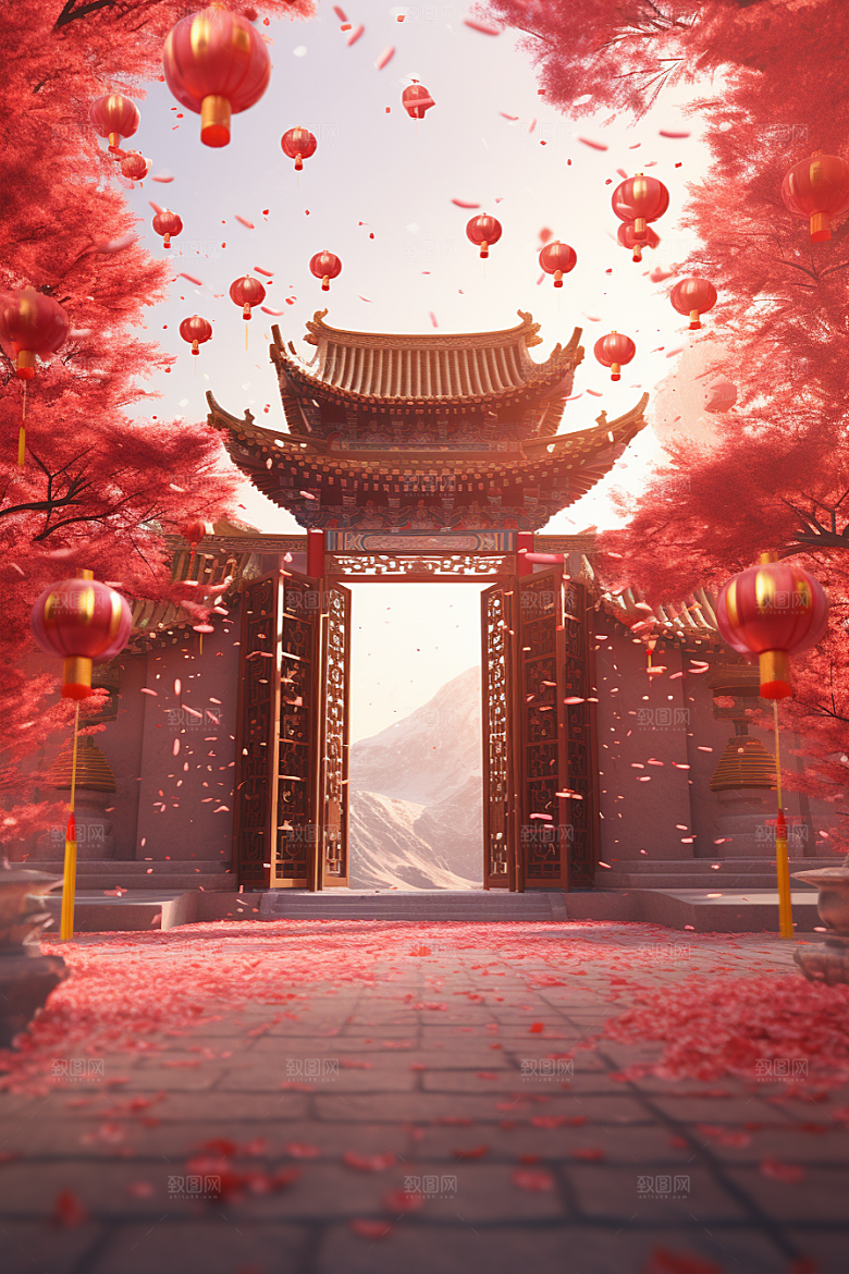 中式传统门楼开业直播背景图
