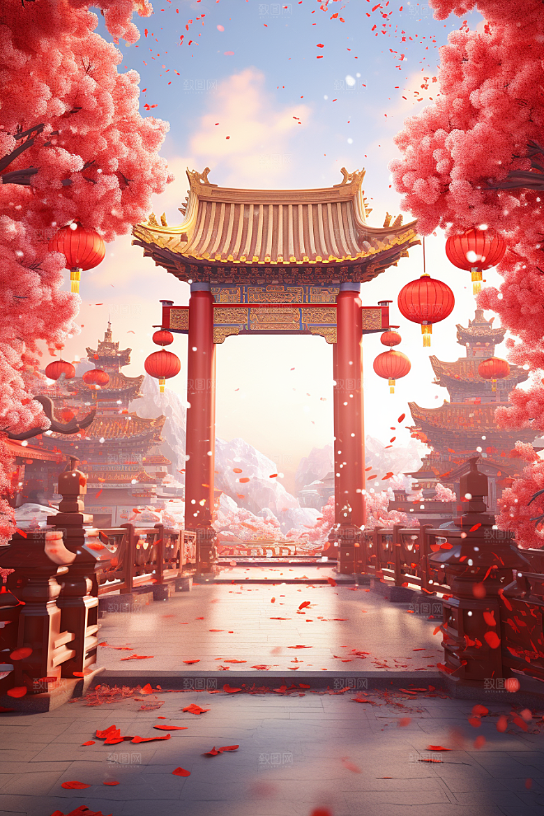 中式传统门楼中国风喜庆背景图