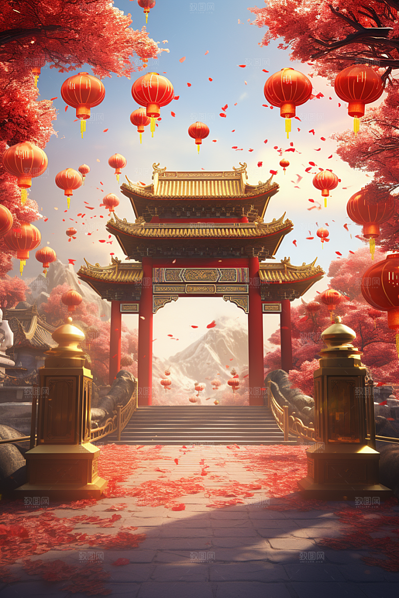 中式传统门楼直播开门红背景图