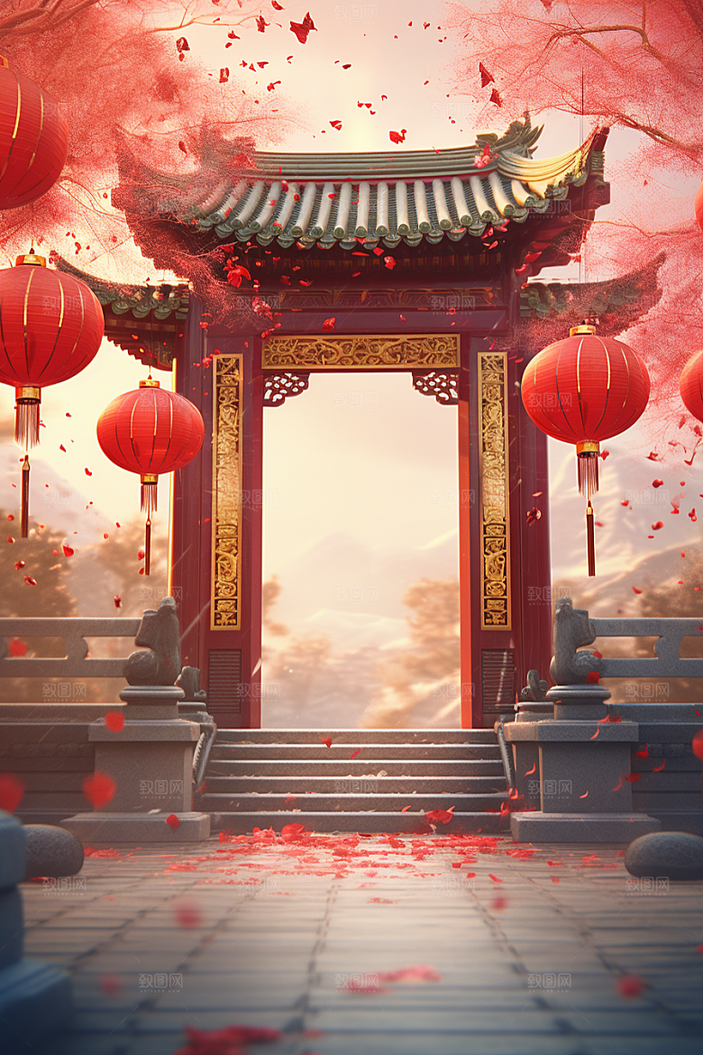 中式传统门楼喜庆直播背景图