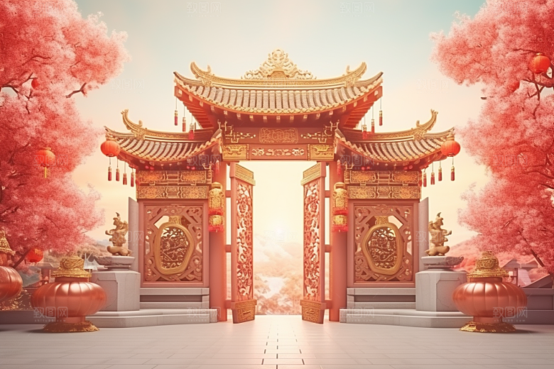 中式传统门楼开门红开业背景图