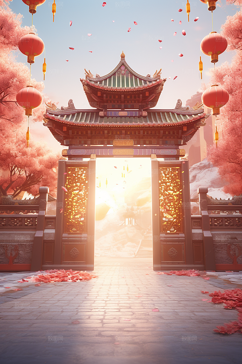 中式传统门楼开业开门红背景图
