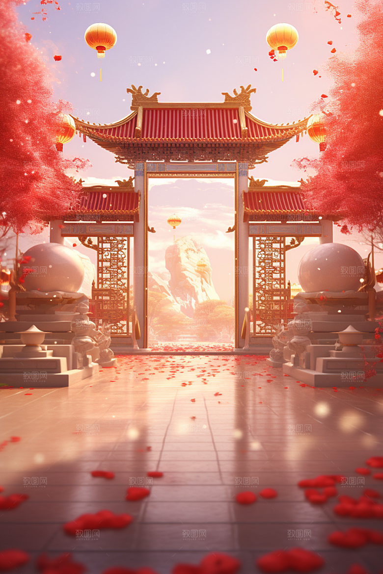 中式传统门楼国潮促销背景图