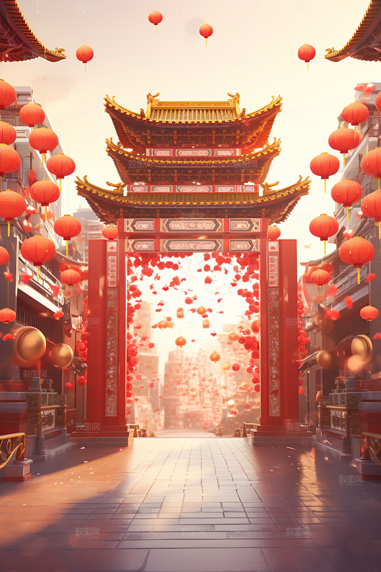 中式传统门楼开业大吉开门红背景图