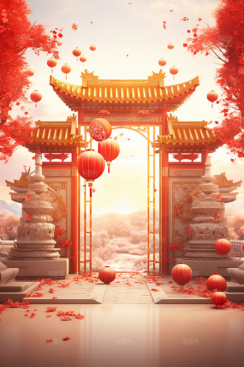 中式传统门楼促销国潮背景图