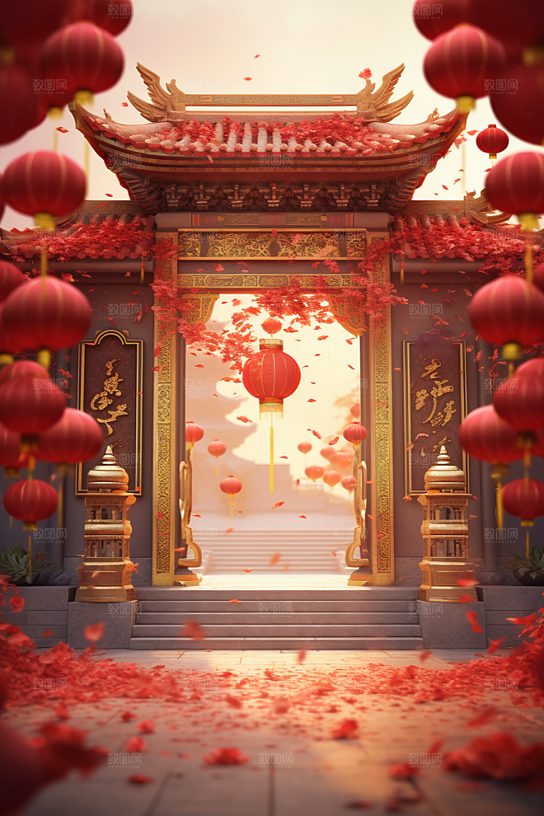 中式传统门楼开门红喜庆背景图