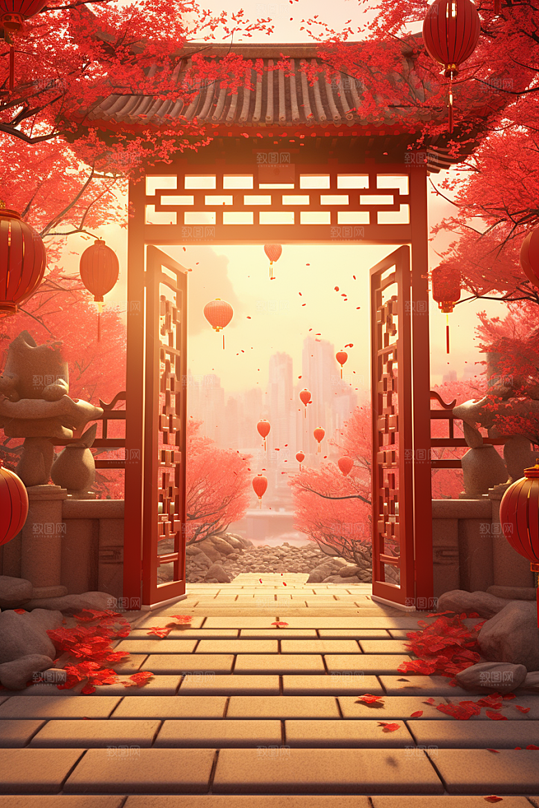 中式传统门楼国潮开业背景图