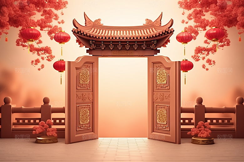 中式传统门楼国潮直播背景图