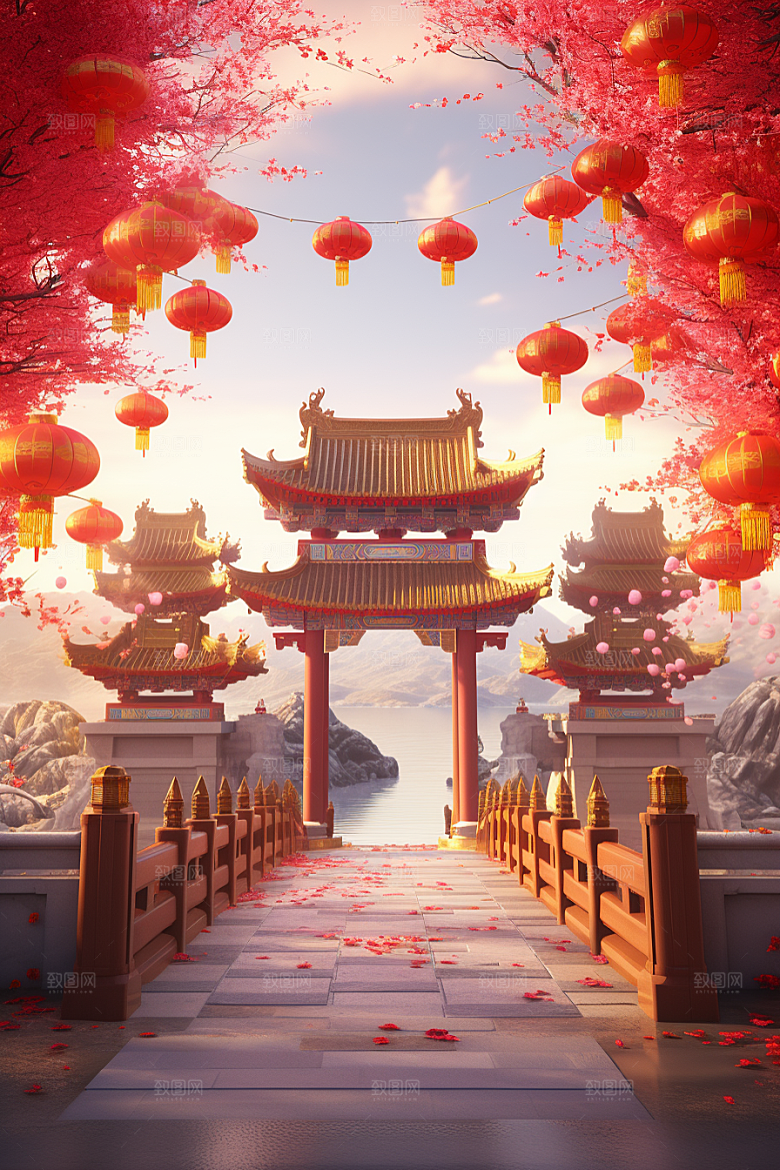 中式传统门楼开门红喜庆背景图