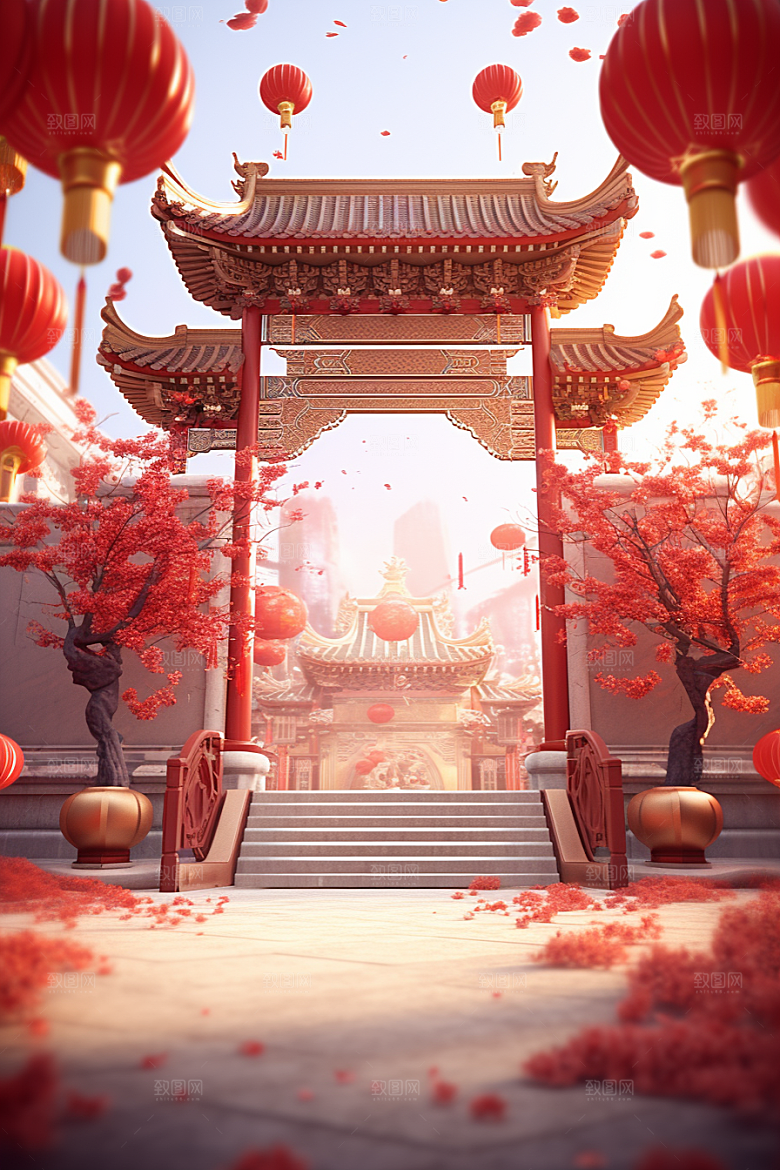 中式传统门楼国潮直播背景图