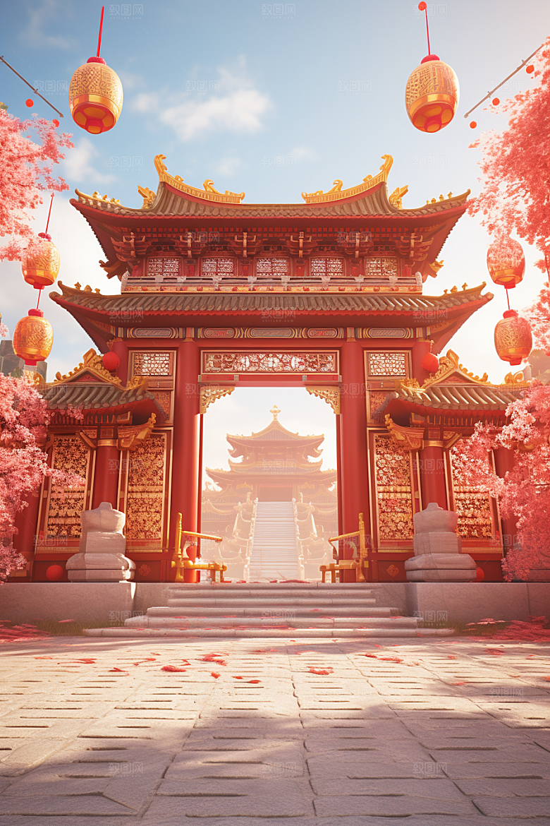 中式传统门楼热卖开业大吉背景图