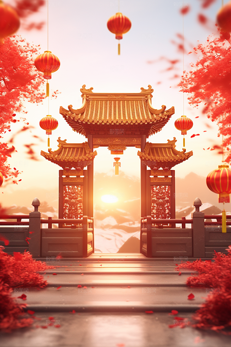中式传统门楼开业国潮背景图