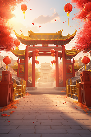 中式传统门楼喜庆国潮背景图