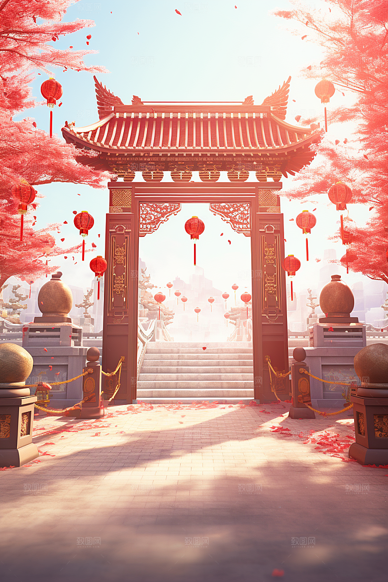 中式传统门楼火热开门红背景图