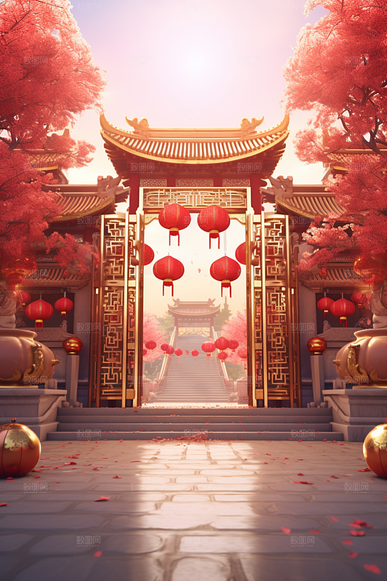 中式传统门楼火热国潮背景图