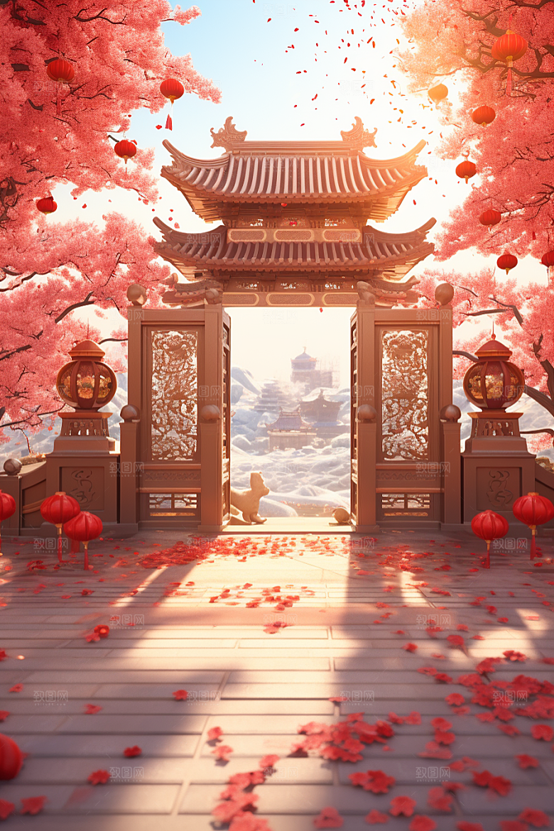 中式传统门楼开业大吉喜庆背景图