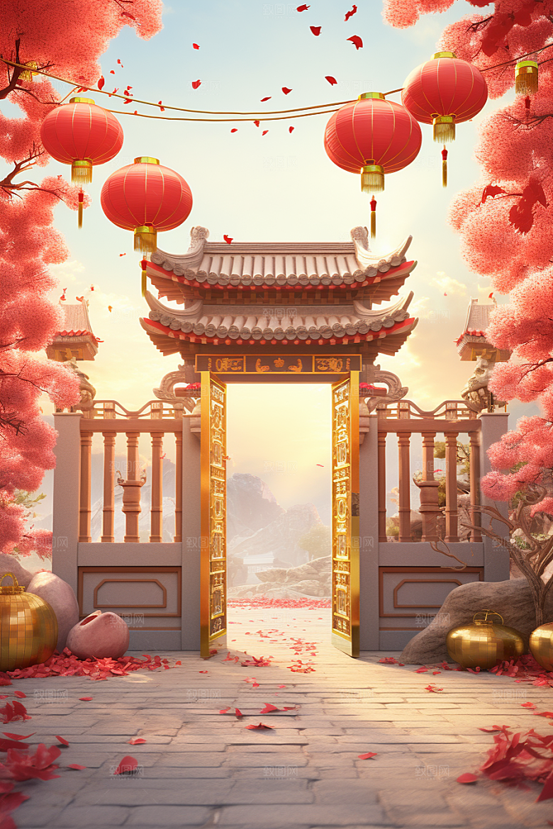 中式传统门楼开业促销背景图