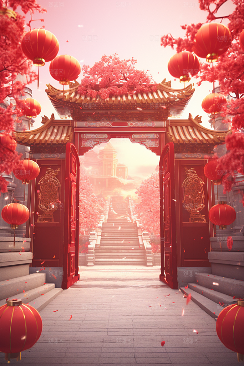中式传统门楼直播开业背景图