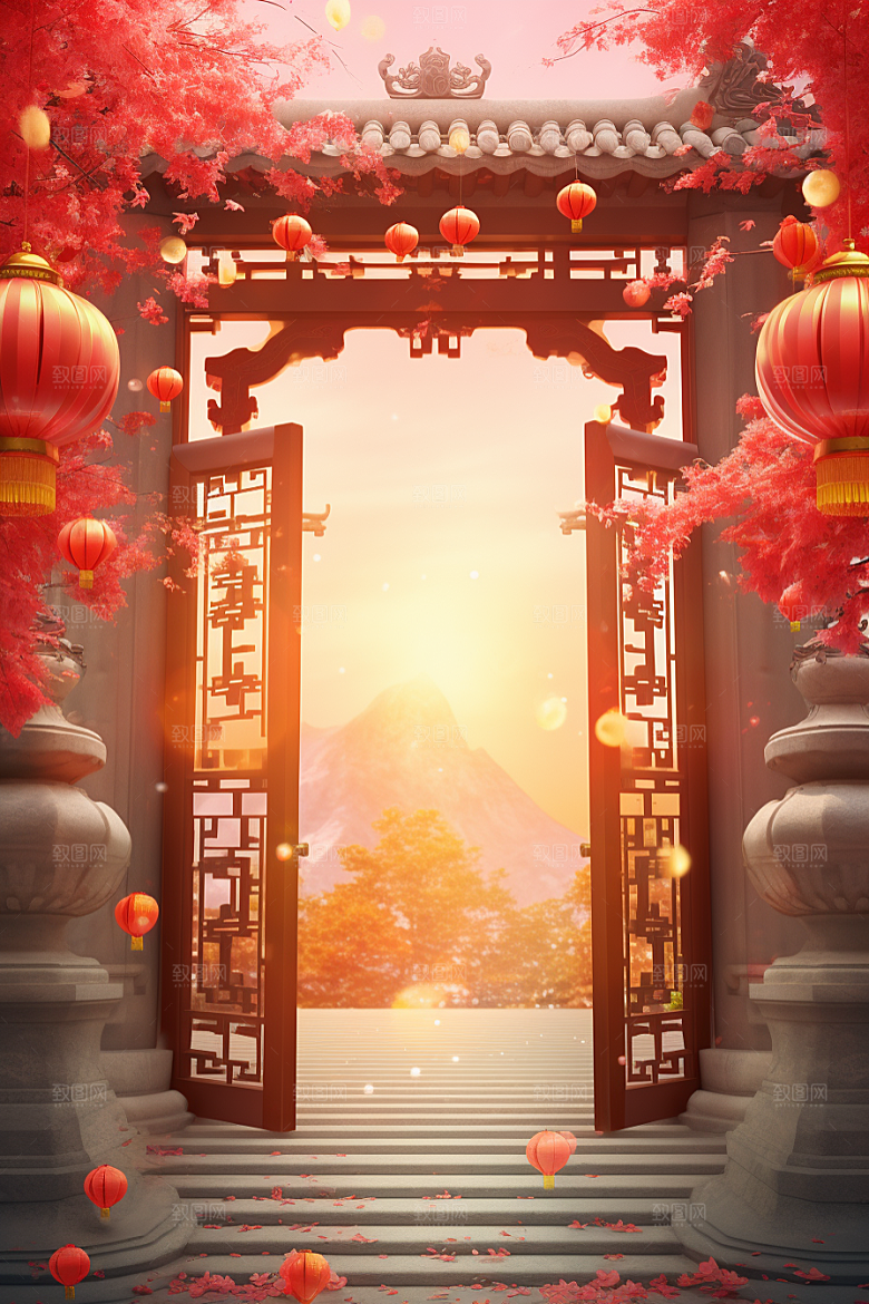中式传统门楼开门红开业背景图