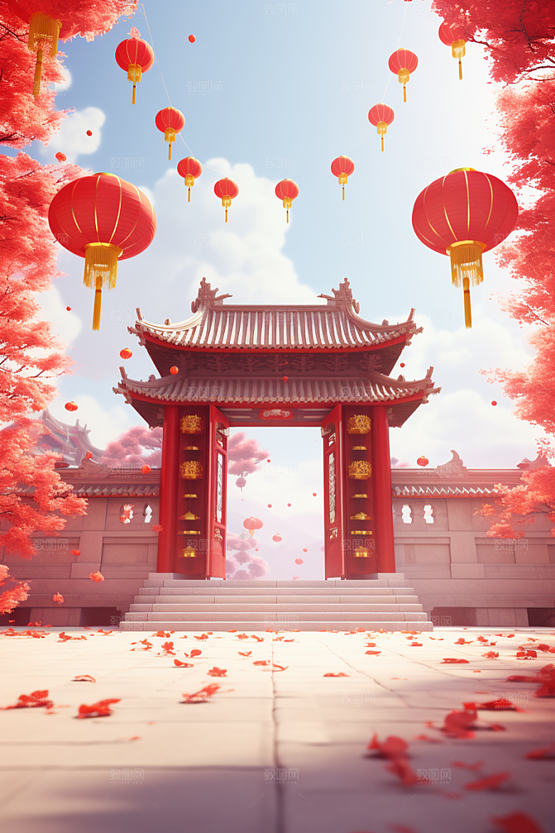 中式传统门楼促销火热背景图
