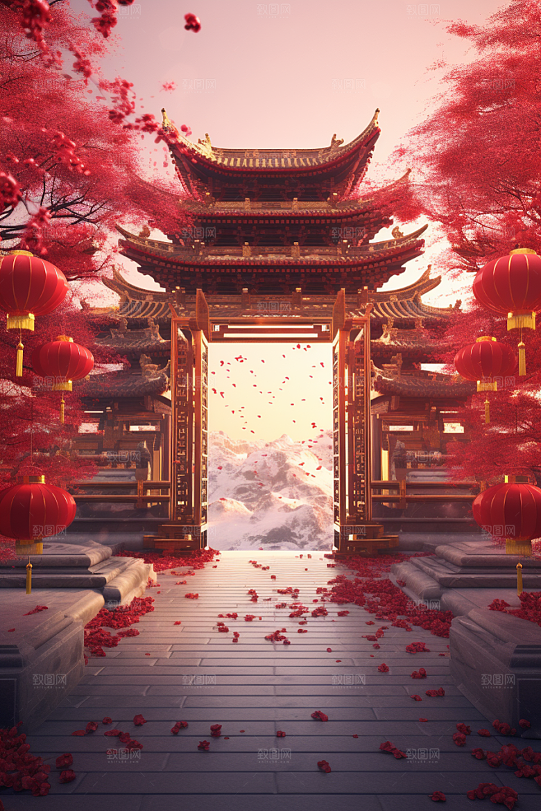 中式传统门楼开业喜庆背景图