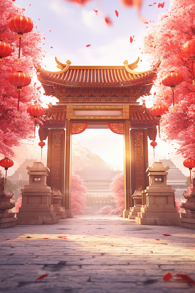 中式传统门楼火热国潮背景图