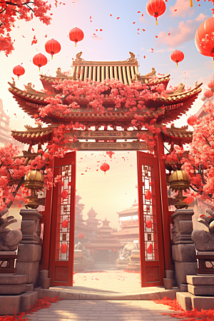 中式传统门楼开业国潮背景图