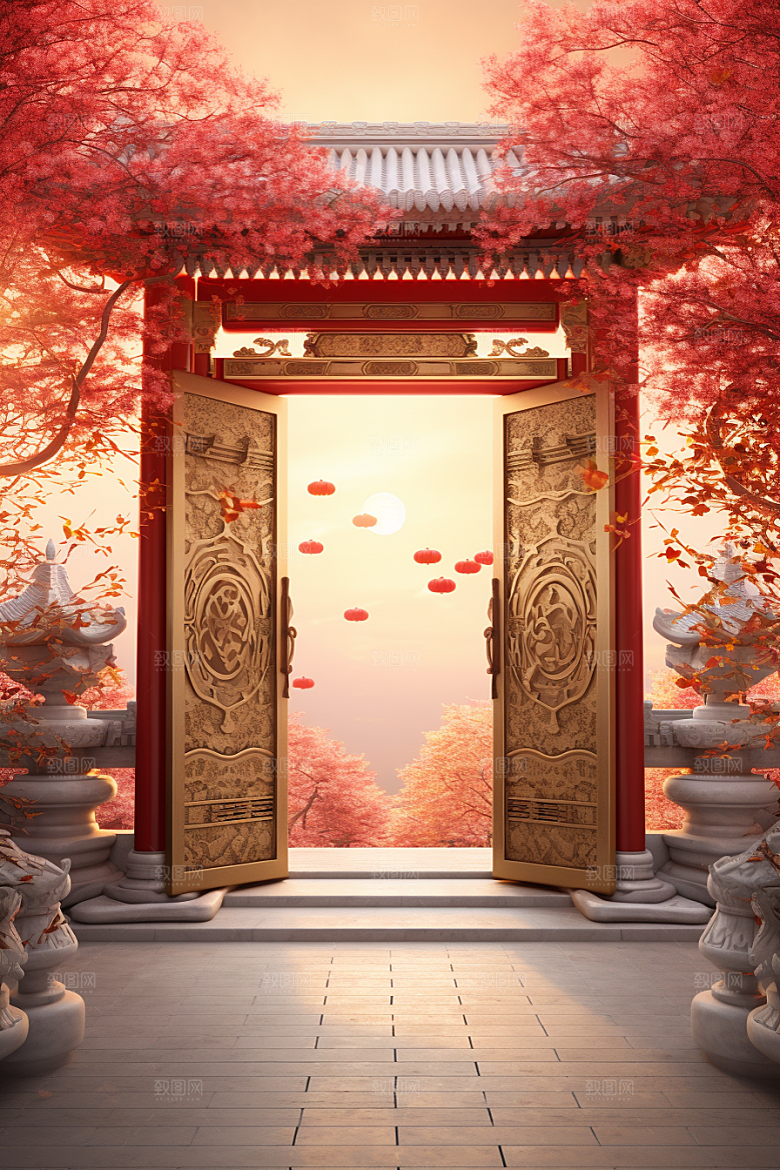 中式传统门楼促销喜庆背景图