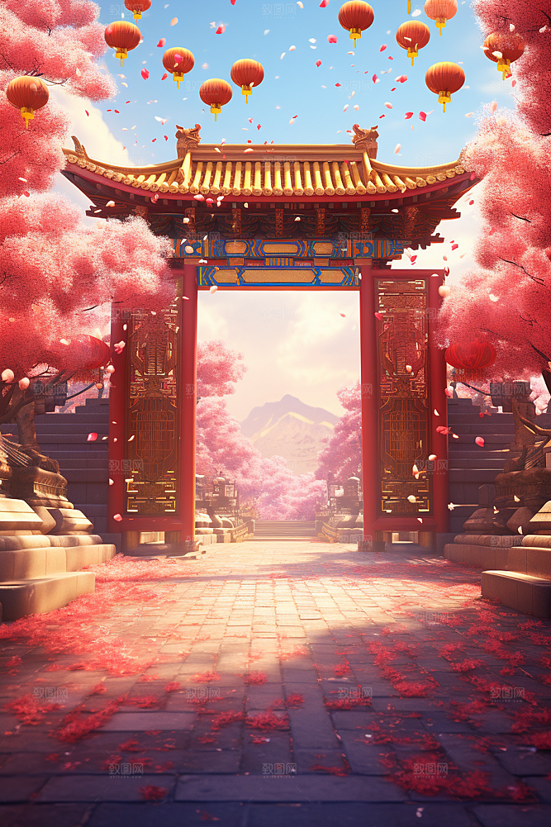 中式传统门楼开业大吉喜庆背景图