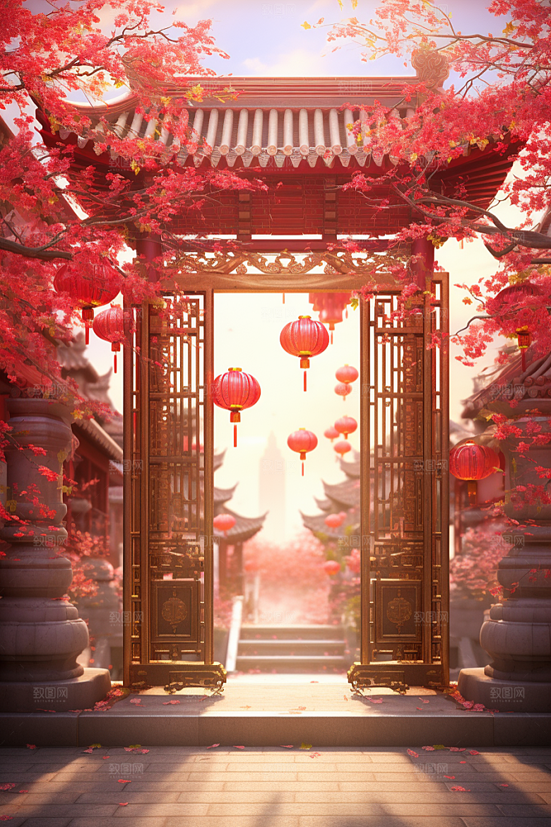 中式传统门楼促销喜庆背景图