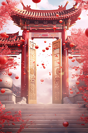 中式传统门楼直播喜庆背景图