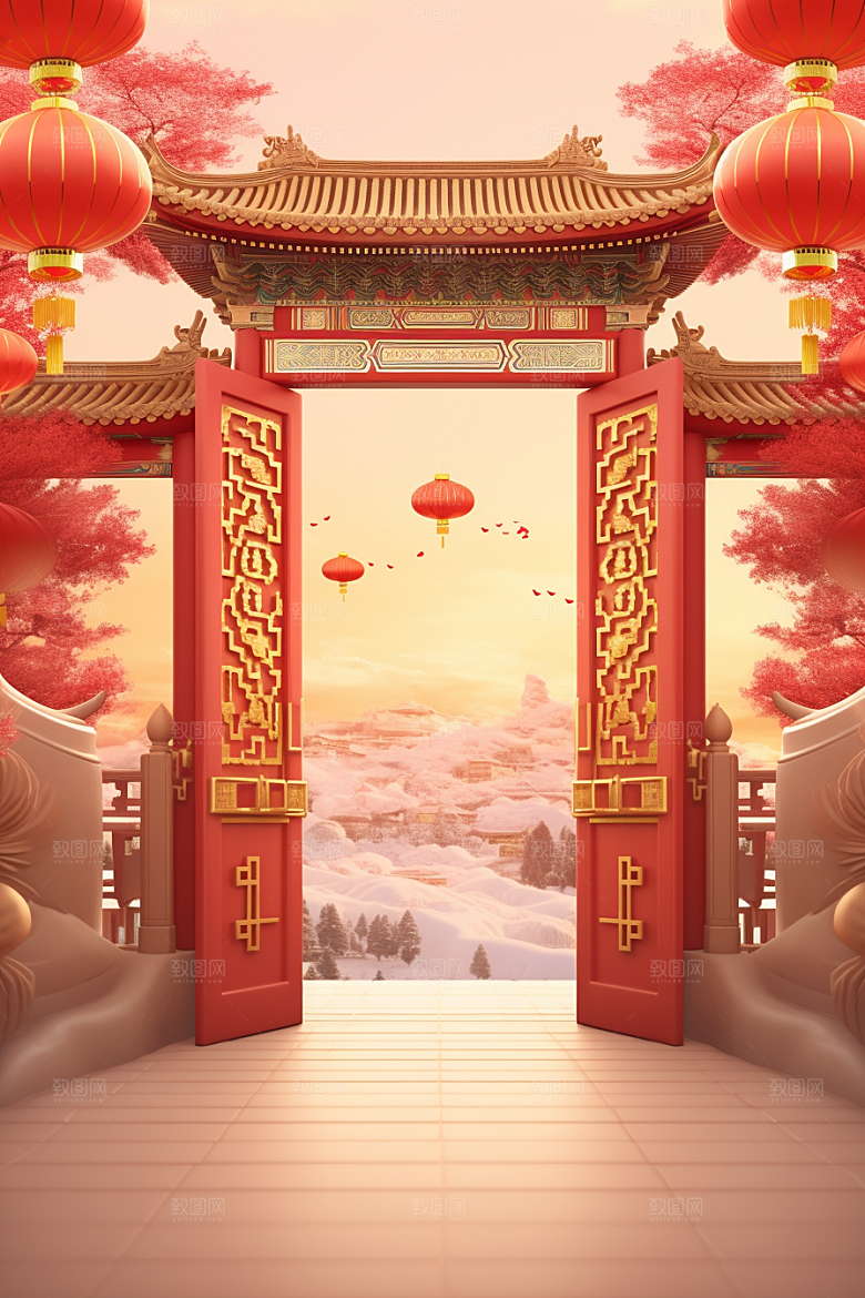中式传统门楼开门红国潮背景图