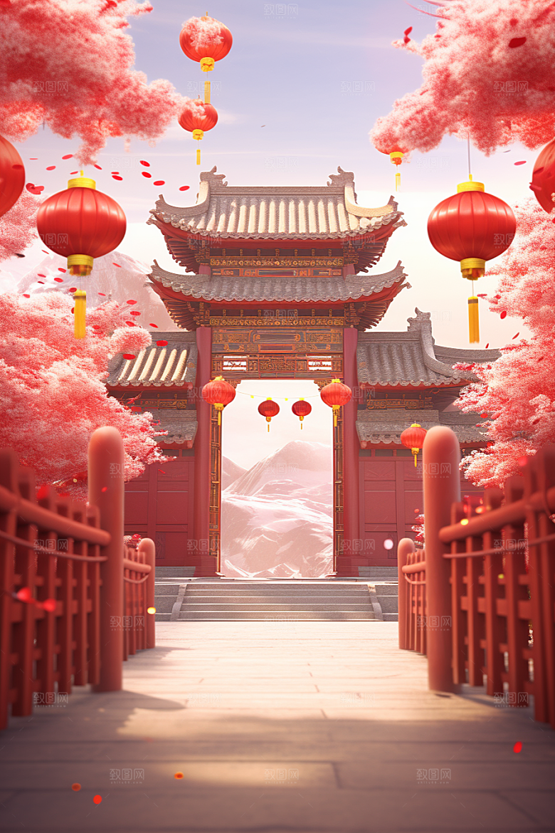 中式传统门楼火热开业背景图