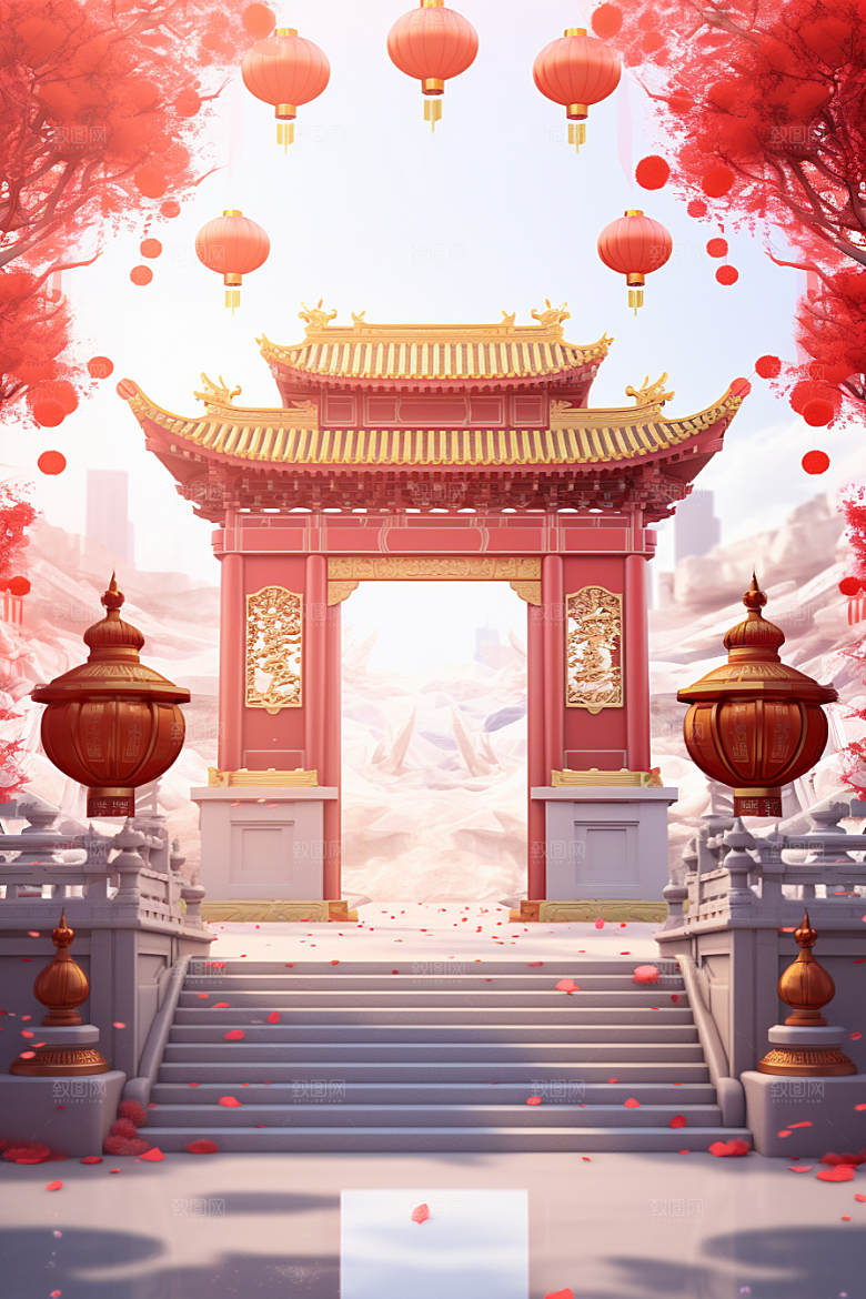 中式传统门楼直播促销背景图