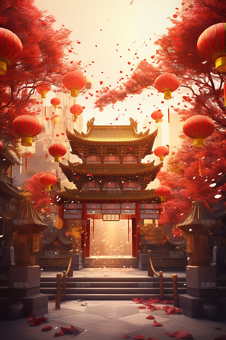 中式传统门楼促销国潮背景图