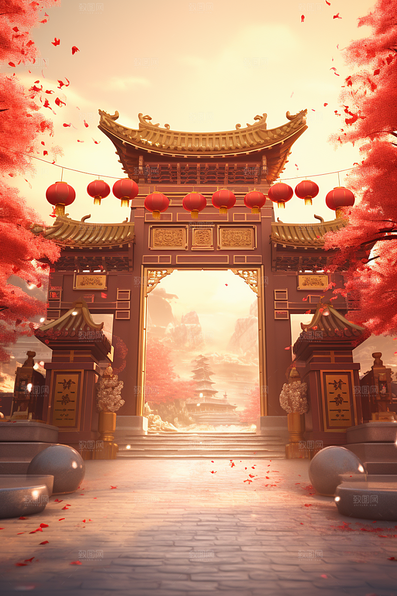 中式传统门楼中国风喜庆背景图