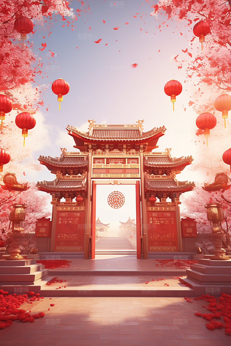中式传统门楼开业大吉开门红背景图