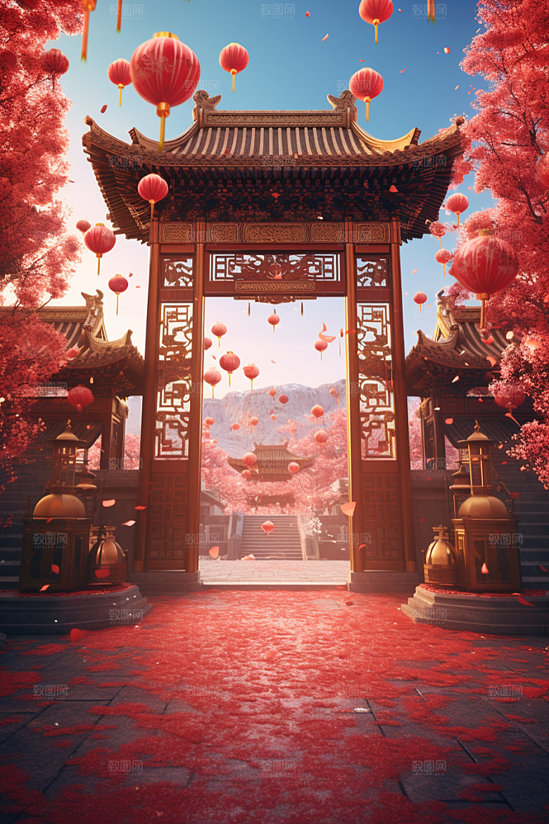 中式传统门楼中国风火热背景图