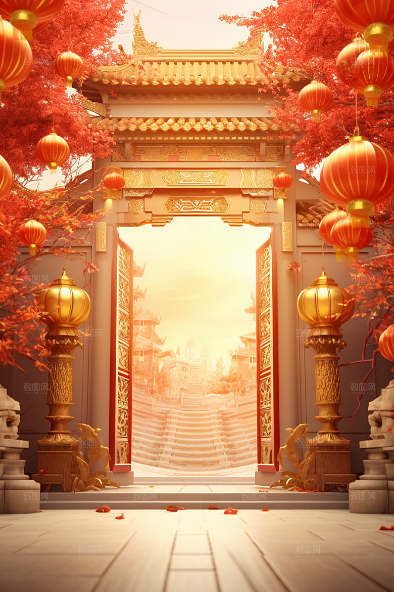 中式传统门楼热卖开业背景图