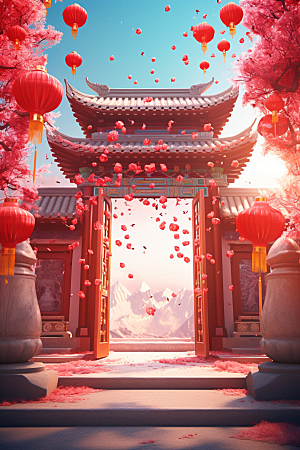中式传统门楼促销直播背景图