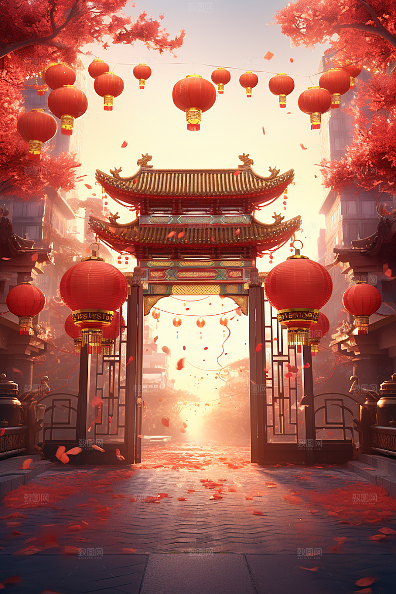 中式传统门楼开业大吉喜庆背景图
