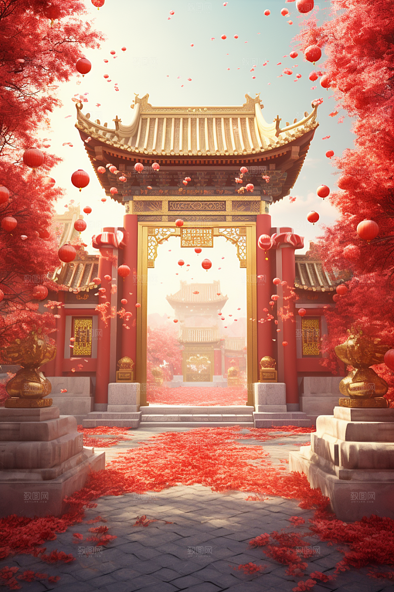 中式传统门楼开业大吉促销背景图